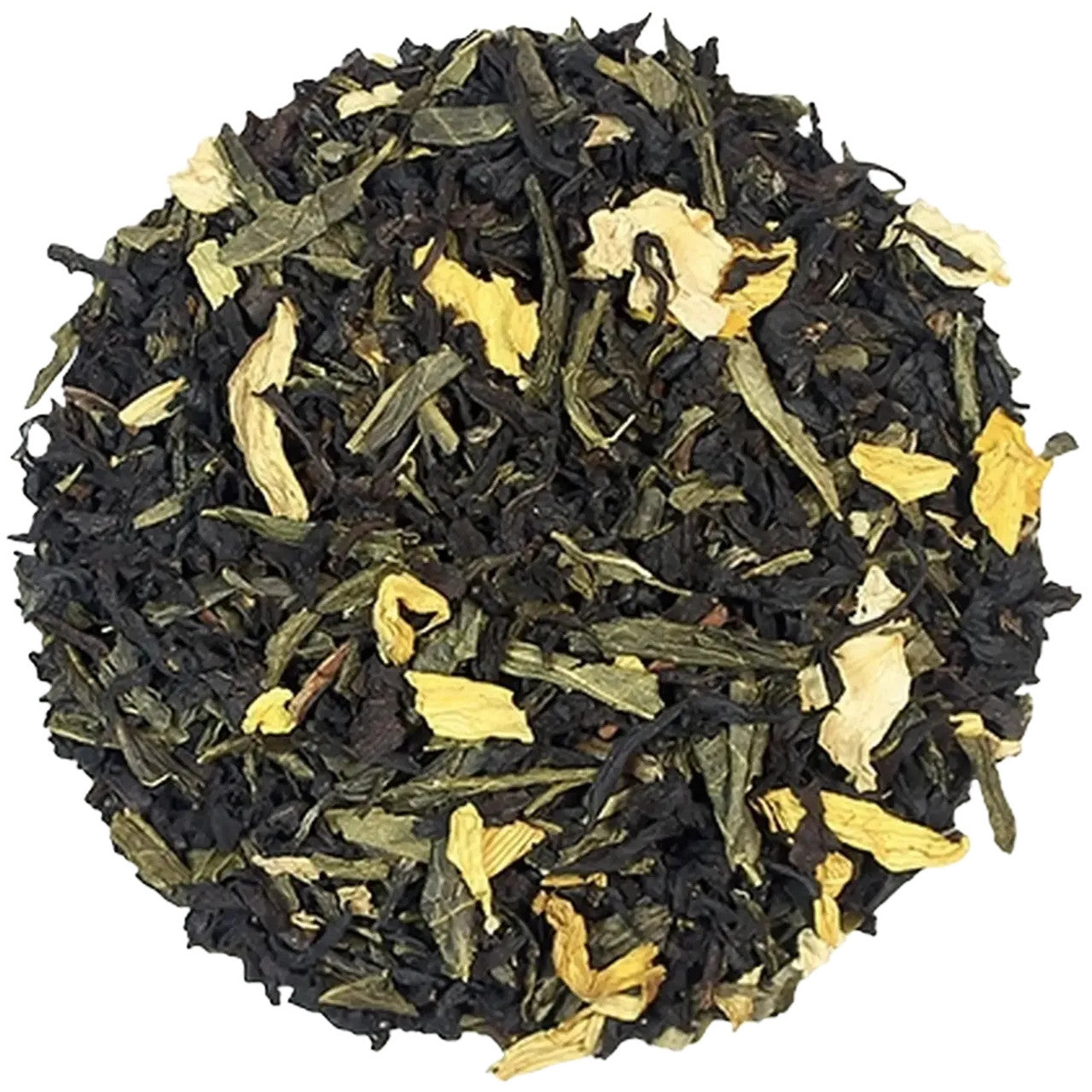 Loose leaf black and green tea blended with sunflower petals