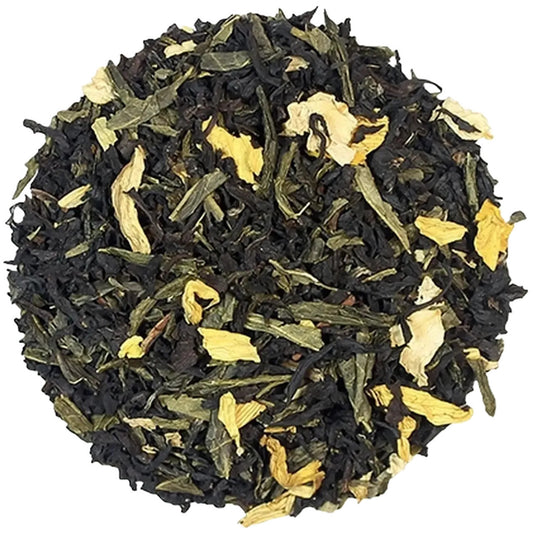 Loose leaf black and green tea blended with sunflower petals