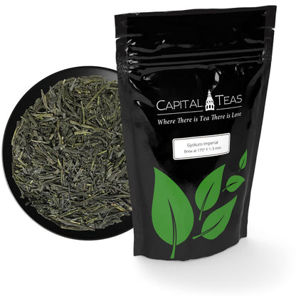 loose leaf Gyokuro Japanese green tea and packaging