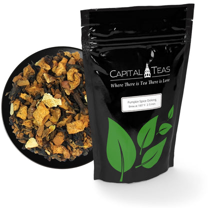 loose leaf pumpkin spice oolong tea with packaging